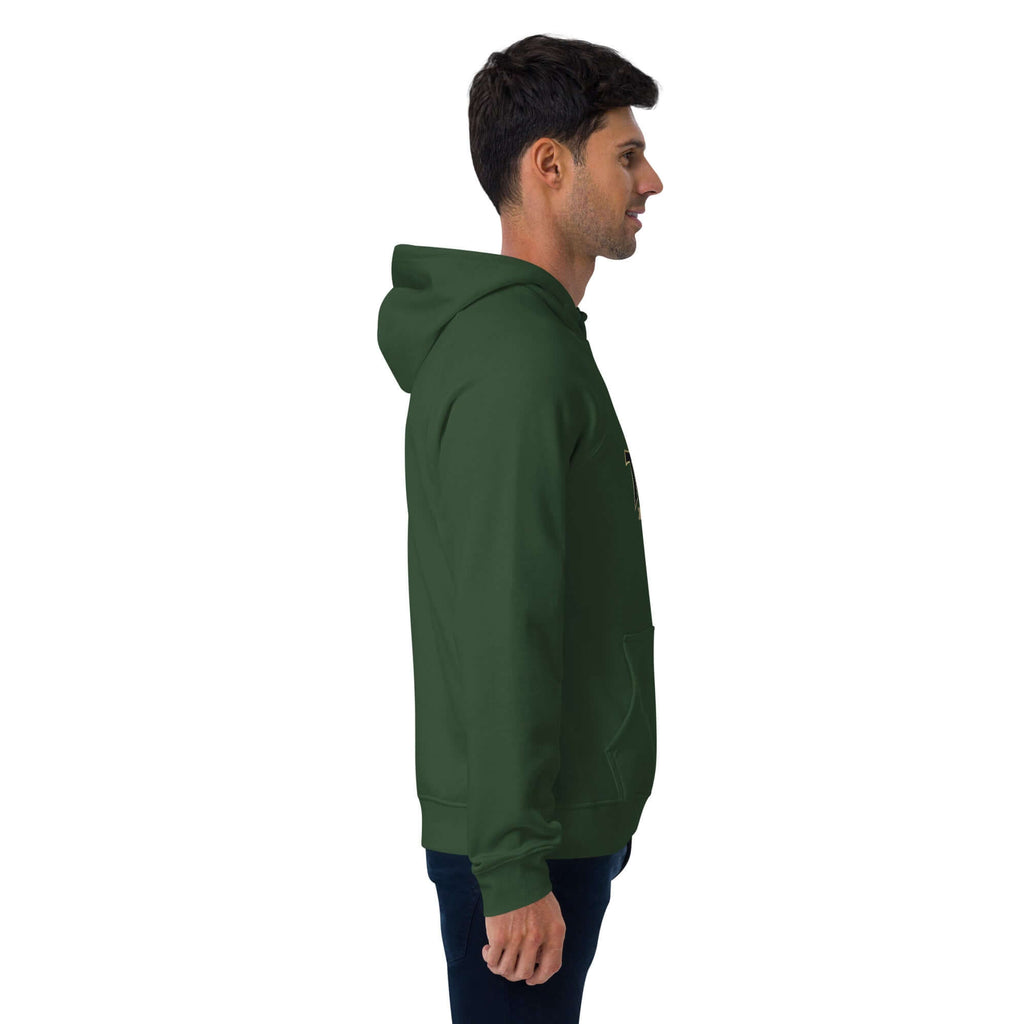 SUDADERA con capucha unisex de color verde, modelo lateral, estilo moderno y cómodo.